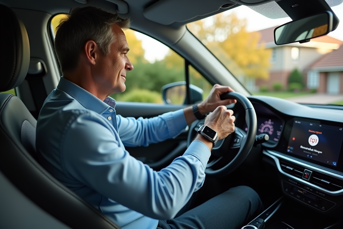 Homme vérifiant sa smartwatch dans une voiture hybride en banlieue