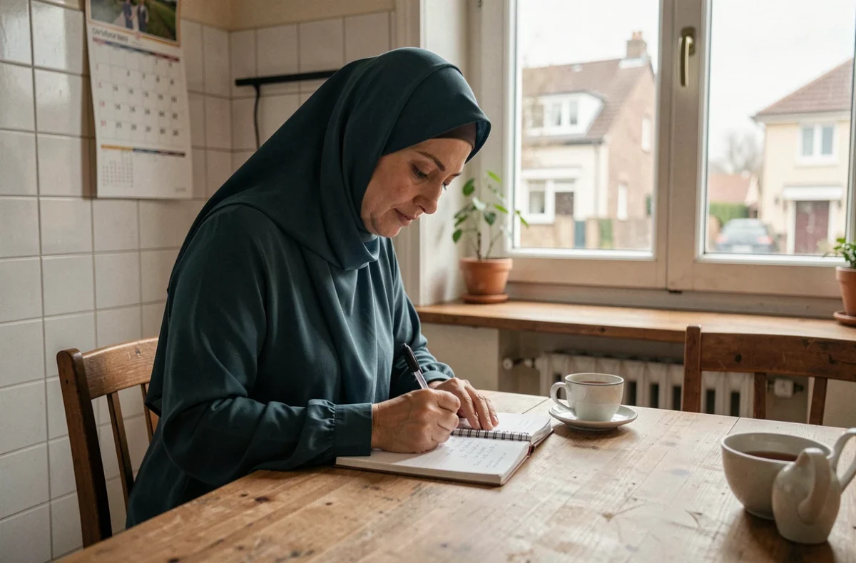 Femme notant les horaires de prière islamique dans un carnet dans un appartement à Bondy