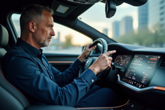 Ingénieur homme dans une voiture moderne et numérique