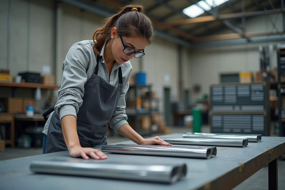 Jeune femme inspectant des joints en aluminium soudés
