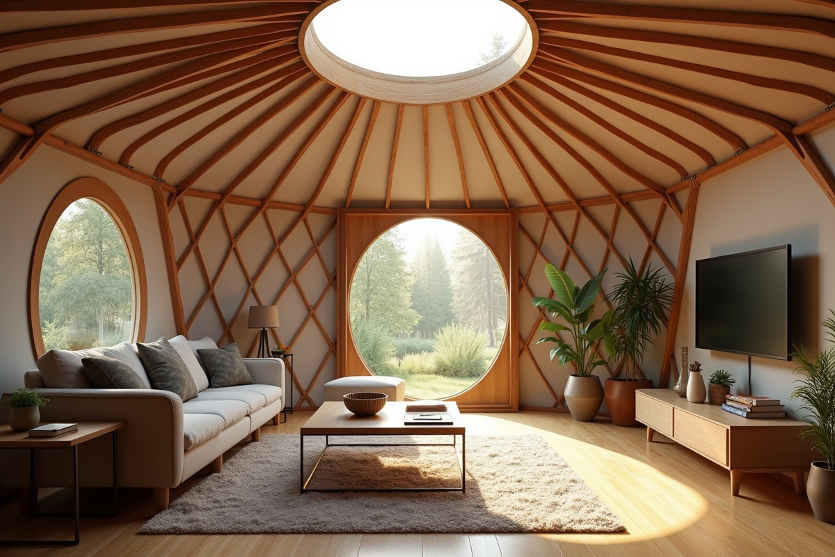 Intérieur d yurt écologique avec mobilier minimaliste et plantes