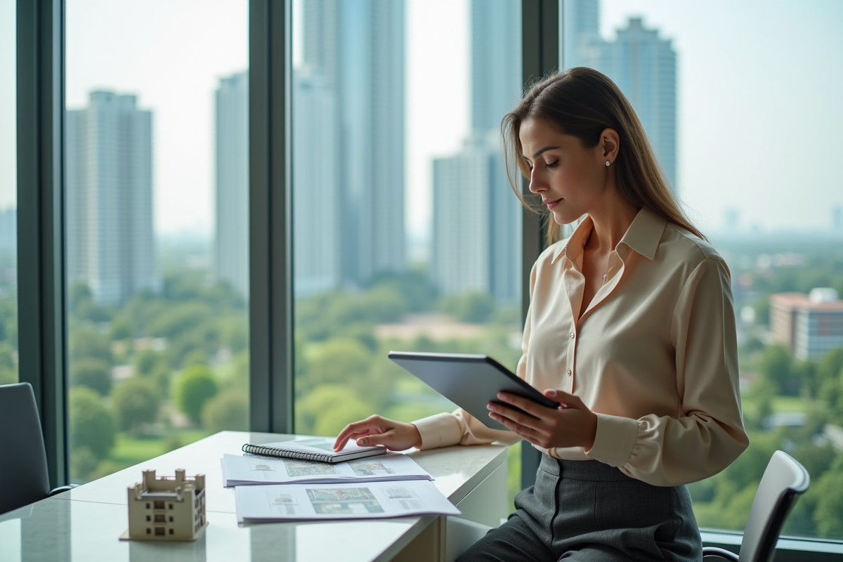 Femme investisseuse immobiliere consulte des annonces sur tablette