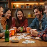 Groupe de jeunes adultes jouant au jeu du palmier avec des cartes et des verres autour d'une table en bois dans un appartement convivial