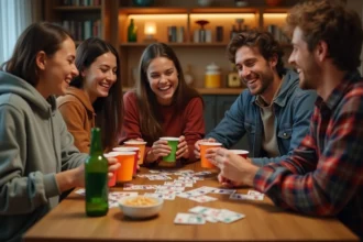 Groupe de jeunes adultes jouant au jeu du palmier avec des cartes et des verres autour d'une table en bois dans un appartement convivial