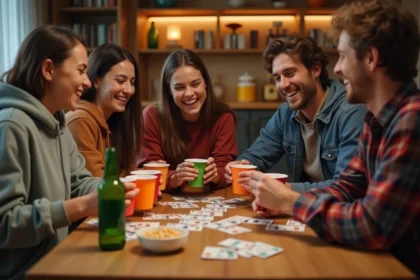 Groupe de jeunes adultes jouant au jeu du palmier avec des cartes et des verres autour d'une table en bois dans un appartement convivial