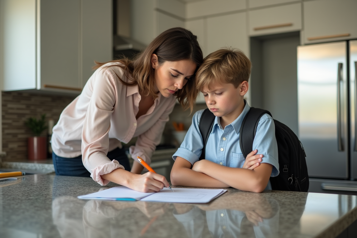 Adolescent embarrasse en préparant ses affaires avec sa mère dans la cuisine
