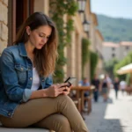 Jeune femme corse assise sur un banc avec smartphone