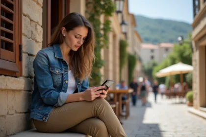 Jeune femme corse assise sur un banc avec smartphone