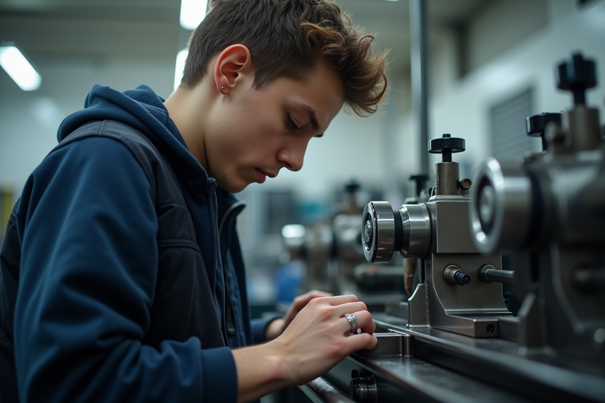 Étudiant utilisant une tour à métaux dans un atelier moderne