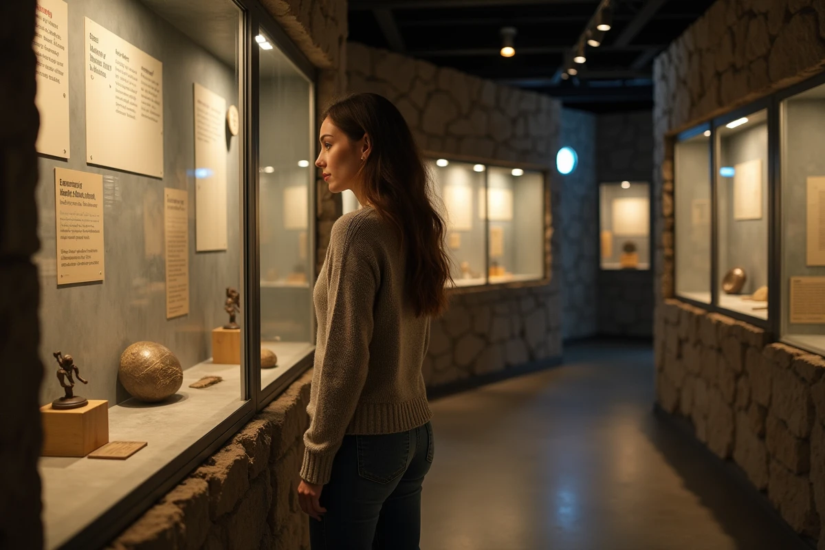 Jeune femme observe des artefacts dans une exposition de bunker