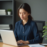 Jeune femme professionnelle travaillant sur son ordinateur dans un bureau moderne