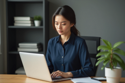 Jeune femme professionnelle travaillant sur son ordinateur dans un bureau moderne