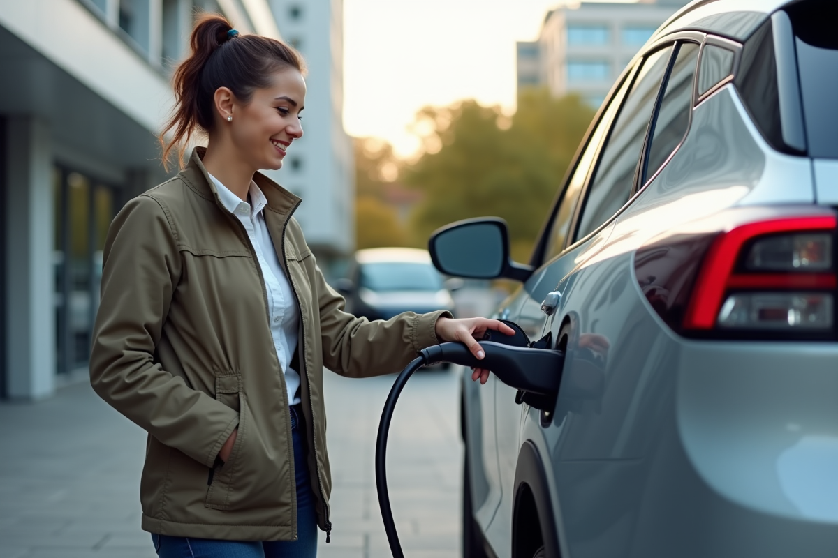 Jeune femme chargeant une voiture électrique dans un parking