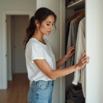 Jeune femme choisissant un vêtement dans une armoire moderne