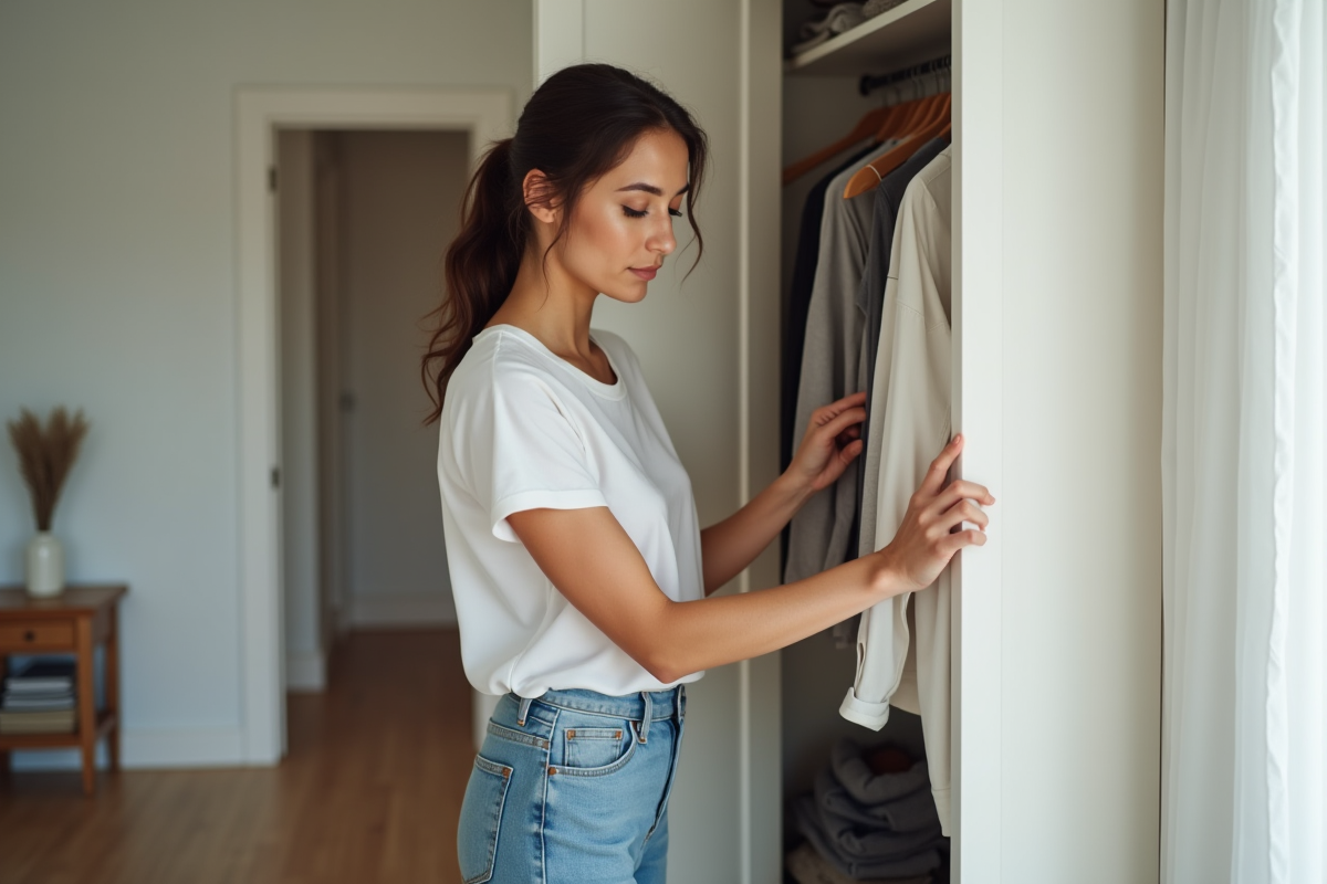 Jeune femme choisissant un vêtement dans une armoire moderne