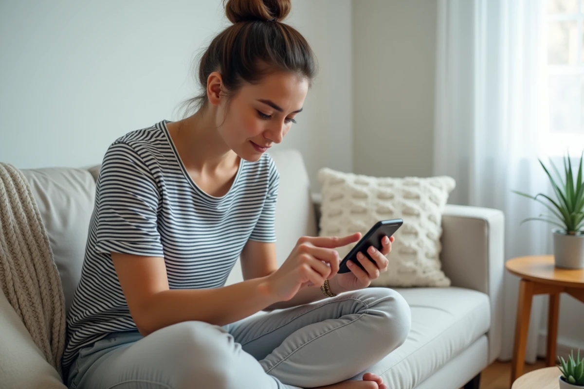 Jeune femme cherchant le mot de passe Codycross du jour sur son téléphone depuis son canapé