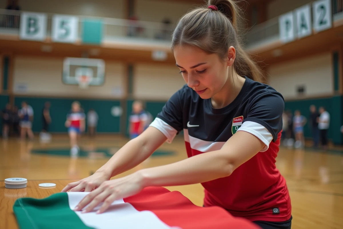 Jeune femme arrangeant un petit drapeau tricolore en intérieur