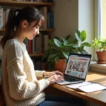 Jeune femme française lisant manga sur son ordinateur dans un appartement