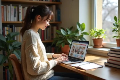 Jeune femme française lisant manga sur son ordinateur dans un appartement