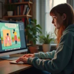 Jeune femme lisant un webtoon sur son ordinateur dans un intérieur cosy