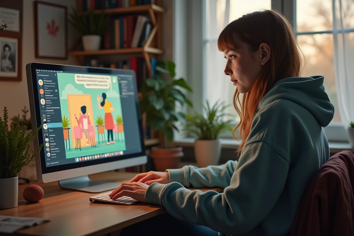 Jeune femme lisant un webtoon sur son ordinateur dans un intérieur cosy