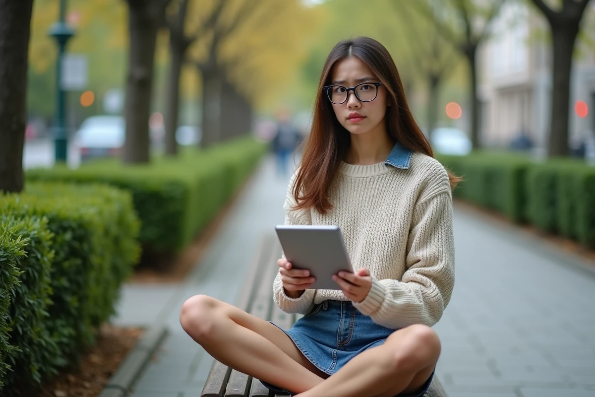 Jeune femme perplexe lisant des pages de manga sur une tablette dans un parc