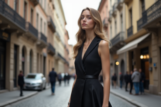 Jeune femme élégante en robe 1920s moderne en ville
