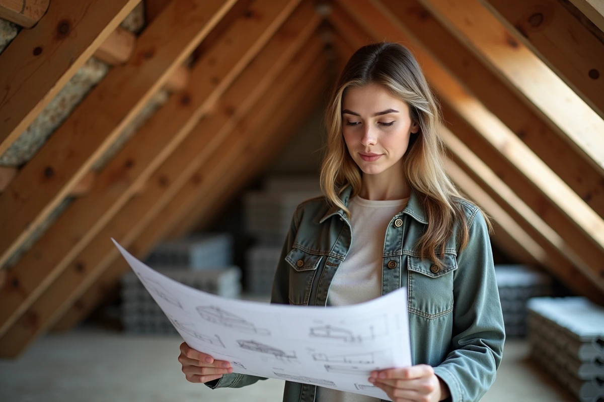 Jeune femme consulte des plans de renovation dans un grenier