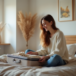 Jeune femme souriante dans une chambre moderne en train de déballer une valise
