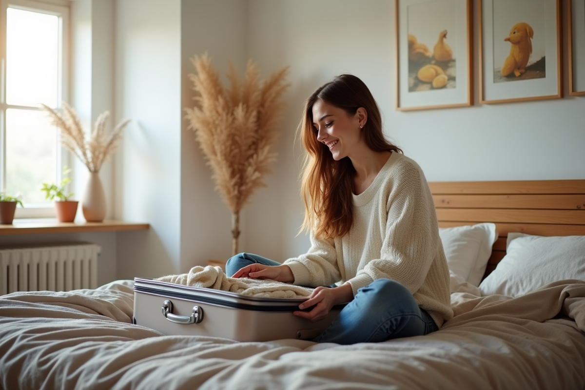 Jeune femme souriante dans une chambre moderne en train de déballer une valise