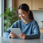 Jeune femme souriante utilisant une tablette dans une cuisine moderne