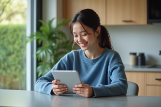 Jeune femme souriante utilisant une tablette dans une cuisine moderne