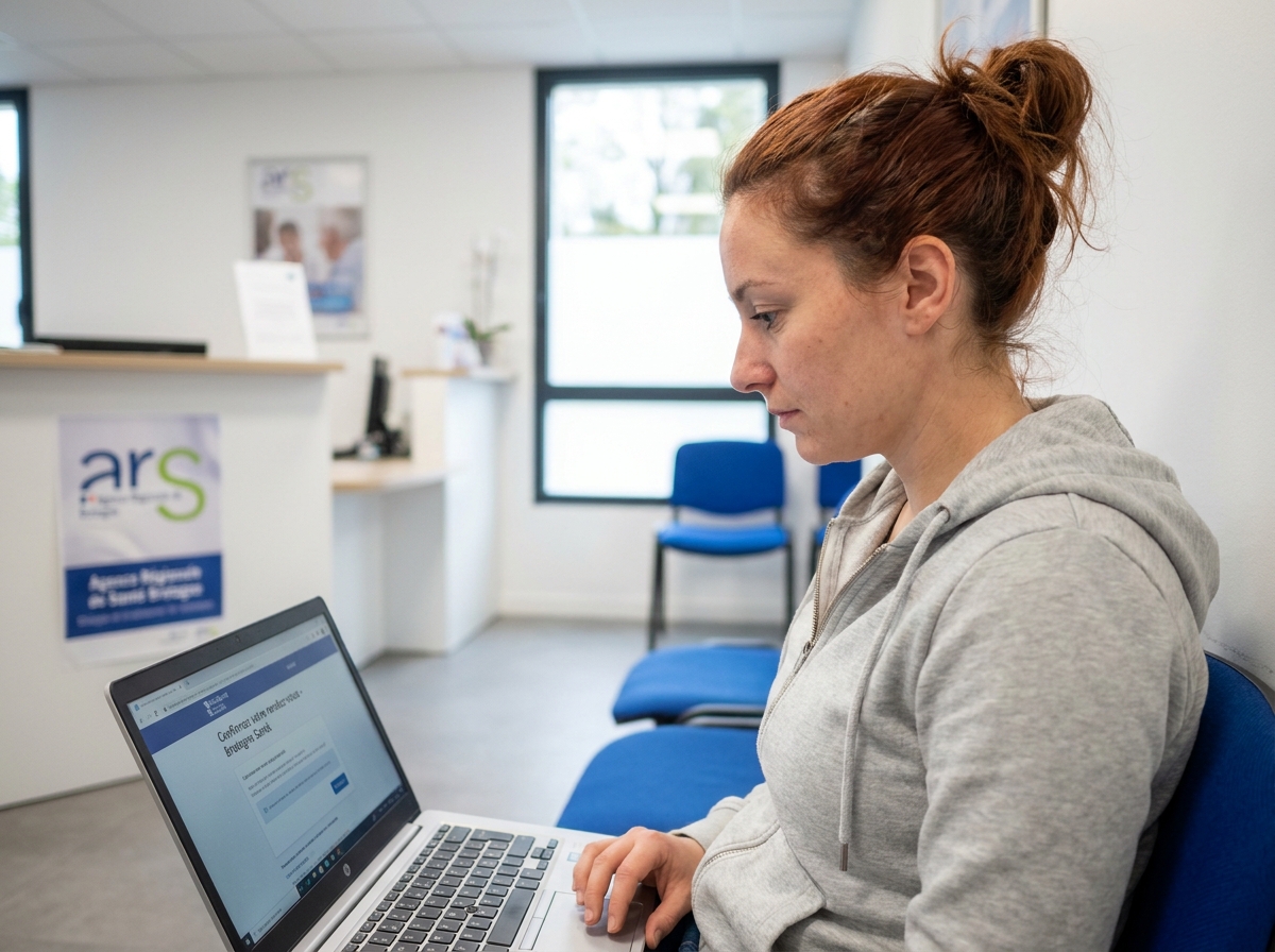 Jeune femme utilisant un ordinateur portable pour confirmer un rendez-vous santé en ligne dans une salle d'attente médicale en Bretagne