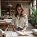 Jeune femme examinant des tissus bio dans un atelier moderne