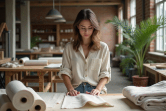 Jeune femme examinant des tissus bio dans un atelier moderne