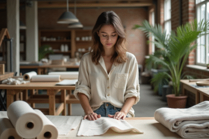 Jeune femme examinant des tissus bio dans un atelier moderne