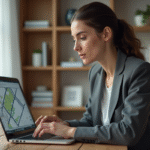 Jeune femme étudie des cartes urbaines sur son ordinateur dans un bureau moderne