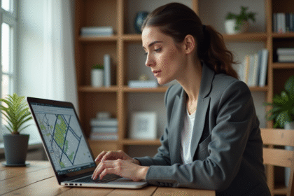 Jeune femme étudie des cartes urbaines sur son ordinateur dans un bureau moderne
