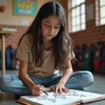 Jeune fille dessinant une carte des deserts dans une classe