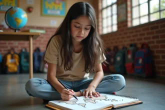 Jeune fille dessinant une carte des deserts dans une classe