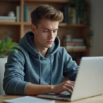 Jeune homme en hoodie utilisant un ordinateur dans un bureau moderne
