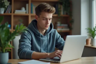 Jeune homme en hoodie utilisant un ordinateur dans un bureau moderne