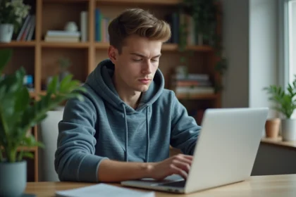 Jeune homme en hoodie utilisant un ordinateur dans un bureau moderne