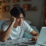 Jeune homme frustré regardant des pages de manga sur son laptop
