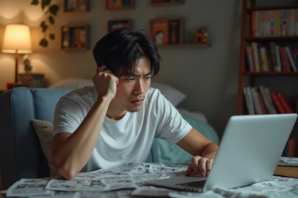 Jeune homme frustré regardant des pages de manga sur son laptop