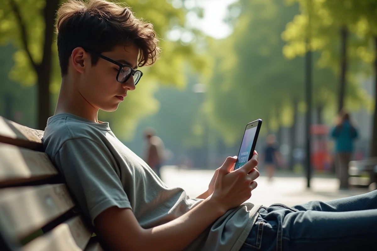 Jeune homme lisant un webtoon sur son smartphone dans un parc urbain
