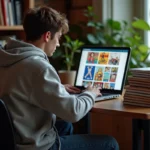 Jeune homme concentré sur un site manga dans un appartement parisien