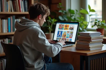 Jeune homme concentré sur un site manga dans un appartement parisien