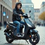 Jeune garçon souriant avec scooter en ville dynamique