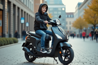 Jeune garçon souriant avec scooter en ville dynamique